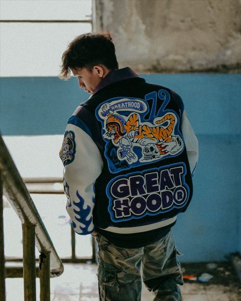 GREATHOOD, Motorcycle apparel, tshirt, hoodie, jacket, chopper, caferacer, scrambler, tees, outfit. Y2k Varsity Jacket, Varsity Jacket Ideas, Varsity Jacket Outfit Mens, Streetwear Varsity Jacket, Letterman Jacket Pictures, Target Jacket, Varsity Outfit, Streetwear Poses, Baseball Jacket Outfit