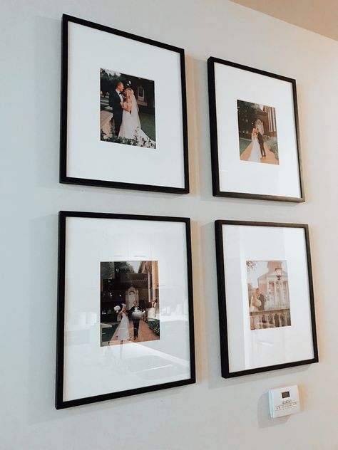 Framed Couples Photos, Bedroom Wall Wedding Pictures, Engagement Photos Wall Decor, Wedding Wall Gallery Ideas, Gallery Wall With Black Frames, Cute Home Decor Ideas Living Room, Couple Picture Wall Ideas, Wedding Photos Hung In House, Wedding Photo Collage Wall Living Rooms