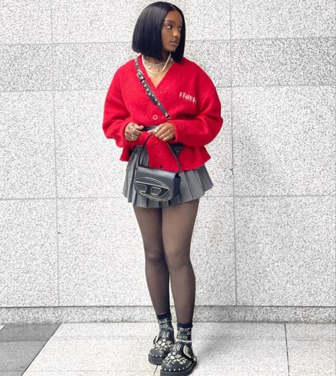 Red And Black Preppy Outfits, Grey Mini Skirt Outfit Black Women, Knit Sweater Outfit Black Women, Plus Size Bonfire Outfit, Easter Looks For Black Women Outfits, Valentine’s Day Outfit Ideas Black Women, Tailgate Outfit Black Women Fall, Red Outfit Inspo Black Women, Red Skirt Outfit Black Women