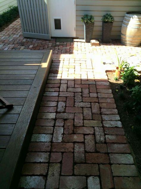 brick patio with wood step (easily changeable if doors added off dining room) Small Patio Flooring, Brick Patio Steps From House, Red Brick Paver Patio Ideas, Brick Patio Steps, Patio Red Brick, Brick Paving Patterns, Recycled Brick Path, Brick Platform Patio, Patio With Steps Down From House