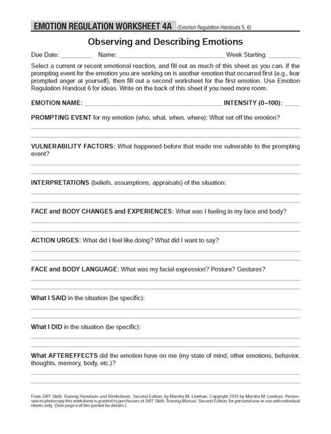 DBT Self-Help Resources: Observing and Describing Emotions These worksheets accompany the Emotion regulation Describing Emotions, Emotions Worksheet, Dbt Therapy, Cbt Worksheets, Counseling Worksheets, Emotion Regulation, Dbt Skills, Abandonment Issues, Behavior Therapy