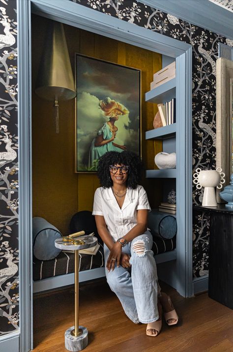 How a Designer Turned a Hallway Linen Closet Into a Reading Nook Linen Closet Nook, Book Nook Interior Design, Closet Turned Laundry Room, Enclosed Reading Nook, Bed In Small Closet, Secret Reading Nook Hidden Rooms, Unused Closet Space Ideas, Library With Reading Nook, Nook Ideas Hallway