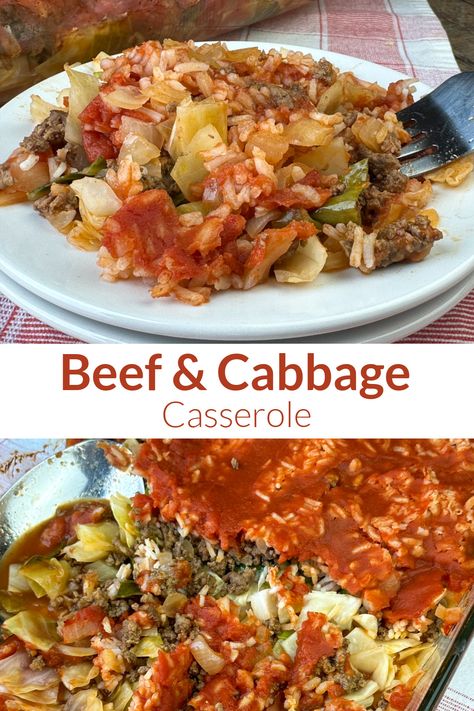 Collage of beef and cabbage casserole in a baking dish and on a white plate Hamburger Cabbage Potato Casserole, Saurkraut And Ground Beef Casserole, Fried Cabbage And Hamburger Recipes, Cabbage Potatoes And Ground Beef, Cabbage And Ground Beef Casserole, Ground Beef And Cabbage Skillet, Cabbage Burger Casserole, Cabbage Beef Bake, Cabbage With Hamburger Meat