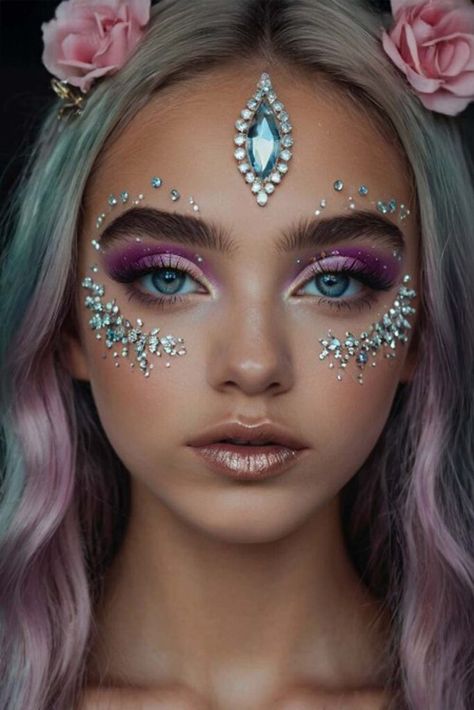 Fairy Unicorn Makeup Ideas For Parties ★ Rave Makeup With Gems, Unicorn Costume Makeup, Unicorn Makeup Ideas, Ideas For Parties, Forest Nymph, Halloween Fairy, Unicorn Makeup, Rave Makeup, Unicorn Costume