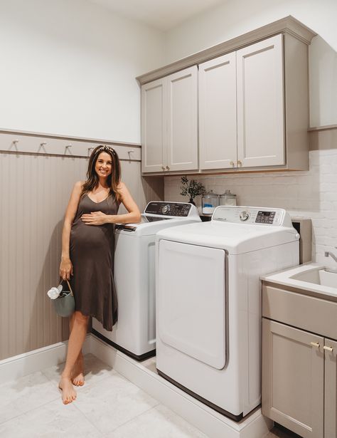 Laundry Room Makeover Cabinet Next To Washer And Dryer, Samsung Washer And Dryer Laundry Rooms, Sherwin Williams Greige, Lauren Diy, Perfect Greige, Laundry Room Appliances, Lime Wash Brick, Narrow Laundry Room, Samsung Home