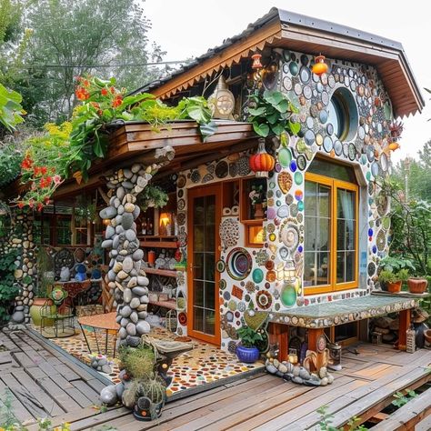 Hippie Minecraft House, Hippie House Exterior, Bohemian House Exterior, Unique Tiny Houses, Boho House Exterior, Earthship House, House Painting Ideas, Funky Houses, Trailer House