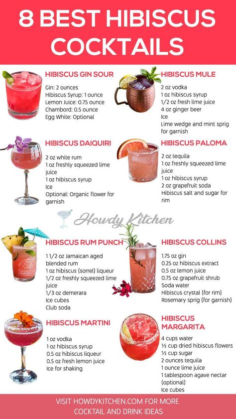 stunning selection of eight hibiscus cocktails, highlighting refreshing drinks like Hibiscus Rum Punch and Hibiscus Gin Sour, all served with colorful, festive garnishes. Jamaican Hibiscus Drink, Hibiscus Drinks Cocktails, Hibiscus Alcoholic Drinks, Hibiscus Punch Recipe, Hibiscus Syrup Cocktail, Hibiscus Gin Cocktail, Hibiscus Cocktail Recipe, Hibiscus Drink Recipes, Cocktail Ideas Creative