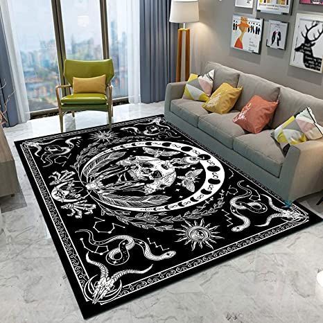 Trippy Skeleton, Carpet Black And White, Skull Carpet, Snake Rug, Black And White Area Rug, Rug For Room, Mandala Moon, Skull Rug, Carpet Decor