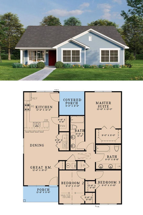 Country Style 3-Bedroom Single-Story House Plan with Front Porch and Open Living Space 3 Bedroom House With Garage, House Plans With Front Porch, Single Story House Plans, Single Story House, Open Living Space, Three Bedroom House Plan, Basement House Plans, Gambrel Roof, Country Craftsman