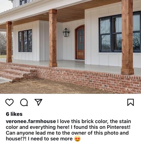 Brick Front Porch, Farmhouse Brick, Brick Porch, Brick Exterior, Brick Colors, Exterior Brick, Home Makeover, Exposed Brick, Stain Colors