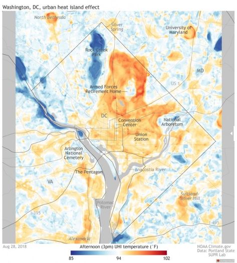 How housing density can help keep cities cooler – Greater Greater Washington Urban Heat Island, Heat Map, City Planner, Arlington National Cemetery, Potomac River, Rock Creek, Island Map, National Weather Service, Social Awareness