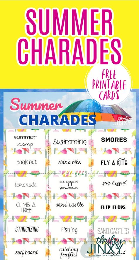 These free printable Summer Charades cards are perfect for family fun at an outdoor BBQ, camping trip or beach visit OR to play while escaping the heat indoors with a fun game.  #charades #charadesideas #familygame #summergames #campinggames #summer #printables Summer Charades, Charades For Adults, Family Picnic Games, Pictionary Word List, Pictionary Words, Summer Time Activities, Charades For Kids, Charades Cards, Summer Party Games