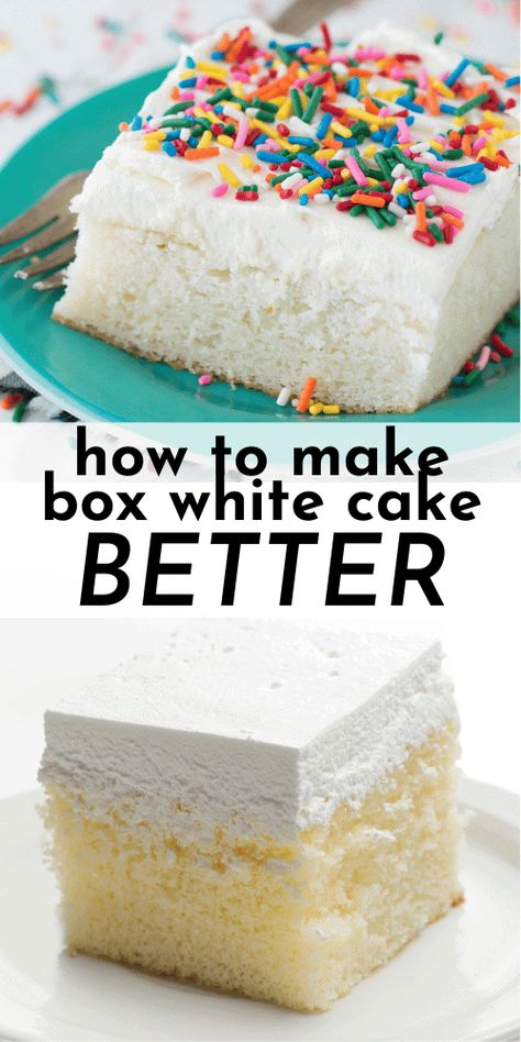 Find out why people have called this easy white cake “the best cake they have EVER had”! Be prepared for tons of compliments when you make this! Follow my easy hacks to make a box cake taste homemade and you’ll be shocked how good it is! Box White Cake Taste Like Bakery, Best White Cake From A Box Cake Mixes, What To Do With White Box Cake, Sheet Cake From Box Cake, White Box Cake Mix Recipes Ideas, White Cake Recipe Using Box Cake, Birthday Cake Sheet Cakes, Make A Box Cake Better, White Box Cake Mix Hacks