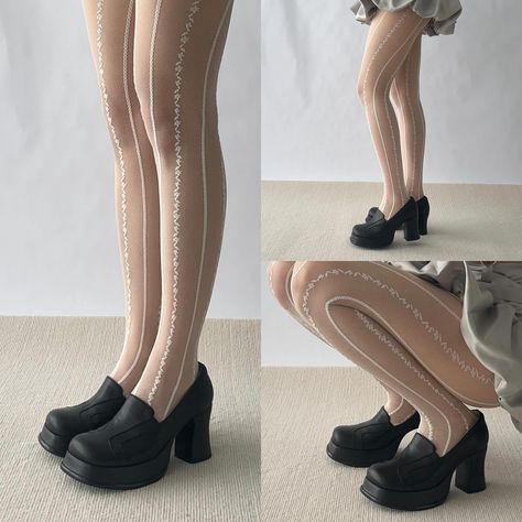 very croquette core today. Shop Cream Stripe Sheer Tights via link below 😊 https://moodymumu.com/products/cream-floral-pattern-stripe-sheer-tights?_pos=6&_sid=789024270&_ss=r Sheer Tights, June 1, High Heel, Floral Pattern, High Heels, Tights, Cream, Heels, Floral