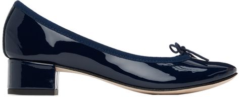 Find Repetto Navy Camille Ballerina Heels on Editorialist. Patent leather heels in navy. · Bow accent at vamp · Grosgrain trim at collar · Cotton twill lining · Covered block heel with rubber injection · Leather stitch-and-return sole · Heel: H1.25 in Supplier color: Classic Camille Ballerina, Blue Ballet Shoes, Dark Blue Heels, Navy Blue Heels, Navy Heels, Ballerina Heels, Patent Leather Shoes, Birthday List, Patent Leather Heels