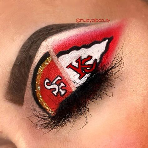 𝔸𝕁𝔹𝕖𝕒𝕦𝕥𝕪 on Instagram: “Who are you rooting for Super Bowl LIV?  The 49ers or The Chiefs?🤍��❤️💛 **Follow @mubyajbeauty for more looks!** Using the #bloodsugarpalette…” Chiefs Makeup Look, 49ers Makeup Look, 49er Makeup Ideas, 49ers Makeup Ideas, 49ers Makeup, Chiefs Makeup, Super Bowl Makeup, Crush Facts, The Chiefs