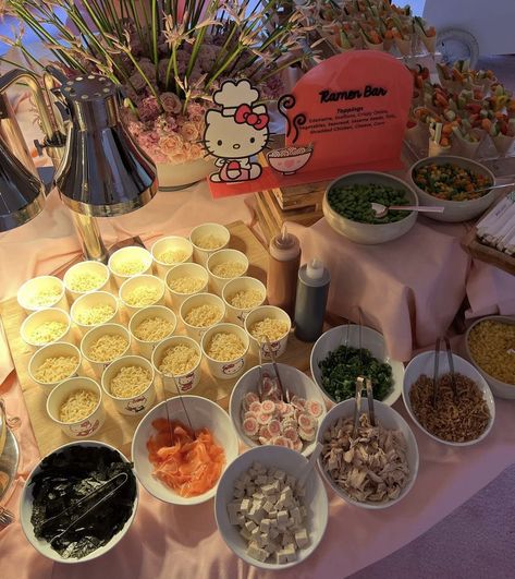 Ramen Buffet Ideas, Japanese Food Party Ideas, Ramen Noodle Birthday Party Ideas, Ramen Noodle Bar Ideas, Ramen Birthday Party Ideas, Ramen Noodle Party Ideas, Cup Of Noodles Bar For Party, Ramen Bar Party Ideas, Ramen Noodle Party