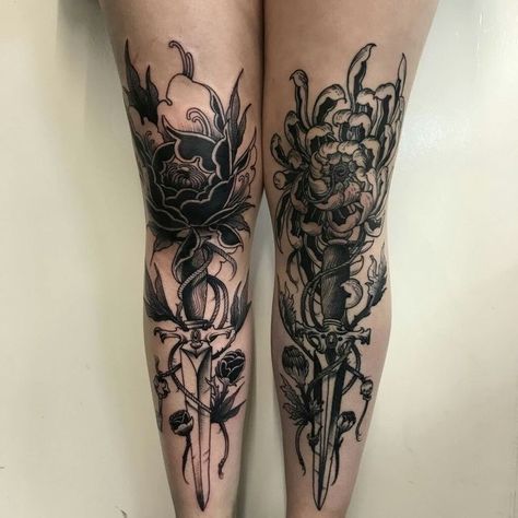 Black Out Flower Sleeve Tattoo, Books Sleeve Tattoo, Full Back Sleeve Tattoo Women, Tattoo Ink Storage, Dark Leg Sleeve Tattoo, Dark Leg Tattoos, Woodcut Tattoo Sleeve, Gothic Sleeve Tattoo, Black Ornamental Tattoo