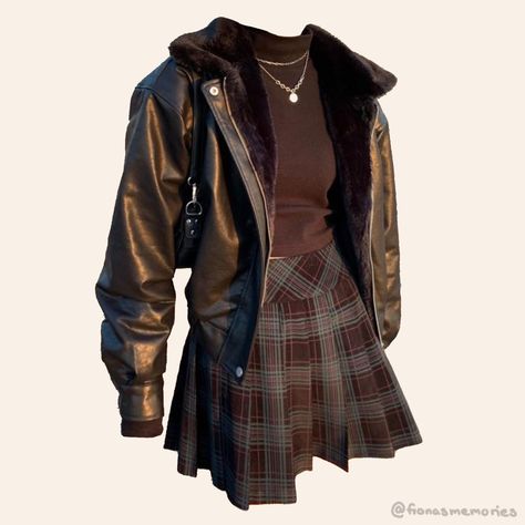 Brown Outfit Aesthetic, Plaid Skirt Outfit, Leather Jacket Outfit, Skirt Aesthetic, Leather Jacket Outfits, Brown Outfit, Jacket Outfit, Outfit Aesthetic, Plaid Skirt