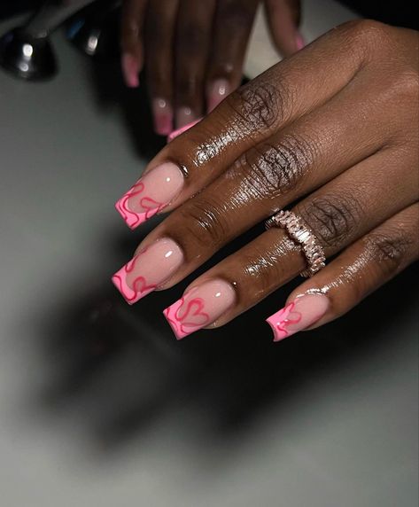 Pink Nails Art Ideas, Shortie Valentine Nails, Angelic Nails Acrylic, Nail Business Names Ideas Unique, French Tip Nails Valentines Day, French Tip Nails Valentines, Pink French Tip Nails, Nails Valentines Day