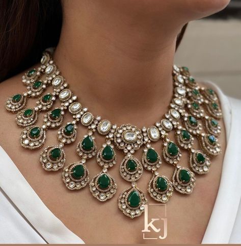 [CommissionsEarned] Bridal Designer Kundan Set, Green Kundan Choker Wedding Jewelry, Bollywood Jewelry Indian Jewelry Kundan Bridal Choker Set Royal Kundan Sets Is Inspired By Sabyasachi Wedding Kundan Jewelry Such Intricate Detailing In This Inspired Heritage Royal Set With  Flawless Polki And Diamond Work. This Set Will Surely Make Heads Turn .. Finest Kundan Work . *Necklace Length Can Be Adjusted Thorough Dori/Cord On The Back. Highest Quality And Best #diamondnecklacesetbridalchoker Green Kundan Choker Set, Emerald Green Bridal Jewelry Indian, Sabyasachi Rings, Polki Bridal Jewellery, Green Kundan Jewellery Bridal, Kundan Jewellery Bridal Wedding Bride, Kundan Jewellery Bridal Choker, Kundan Sets Indian Jewelry, Indian Bridal Jewelry Sets Brides