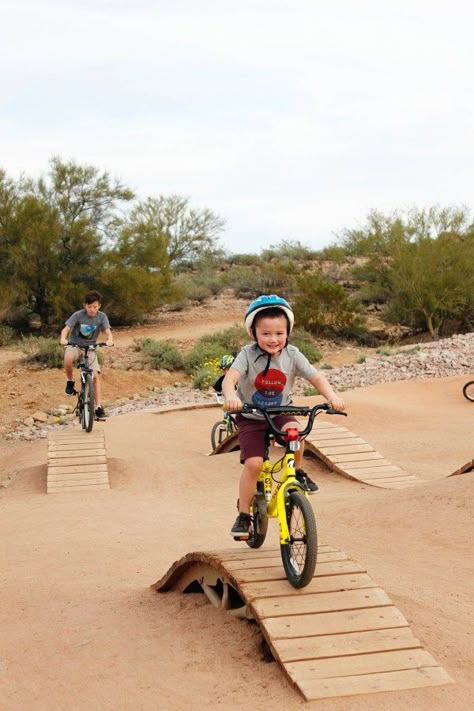 15 Fun Things to do with Kids in Mesa Arizona | Desert Trails Bike Park #simplywander #mesa #arizona #deserttrails Desert Playground Ideas, Diy Bike Track, Backyard Bike Path For Kids, Desert Playground, Kids Bike Track, Arizona With Kids, Park Activities, Kids Play Spaces, Park Ideas