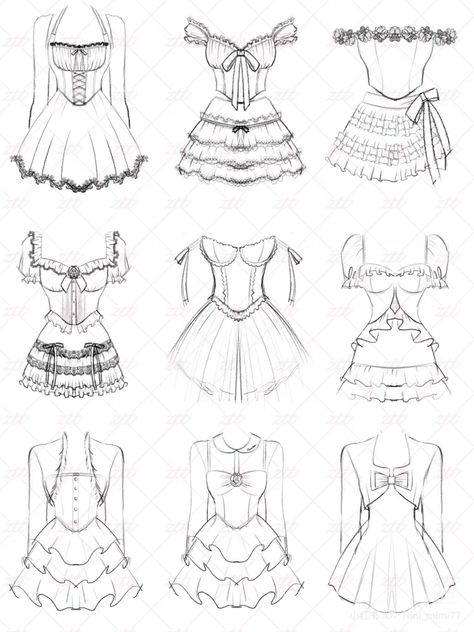 Fashion Design Drawings Tutorials, Creative Dress Ideas, How To Draw A Skirt Step By Step, Lace Patterns Drawing, Dress Designs Drawing, Dress Drawing Ideas, Corset Drawing, Draw Dress, Dresses Drawing