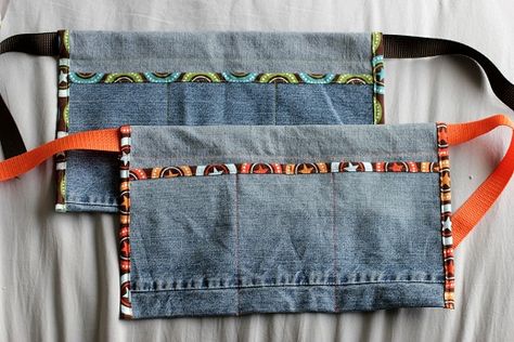 I eventually want to make/buy a tool box and tools for the boys, here is a cute upcycled tool belt. Kids Tool Belt, Jeans Recycling, Tool Apron, Belt Pattern, Toddler Boy Gifts, Toddler Christmas Gifts, Blue Jeans Crafts, Denim Projects, Jean Crafts