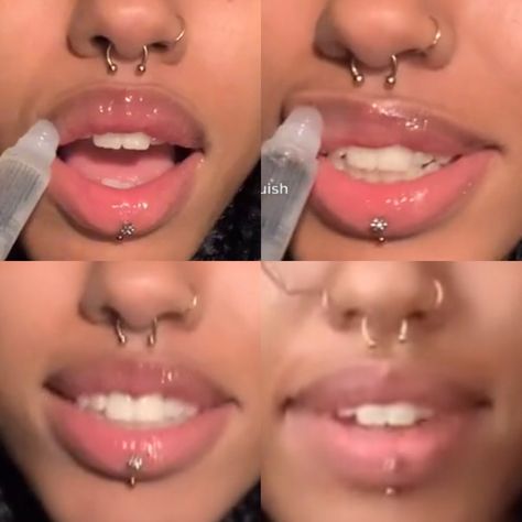 Pericing Ideas Nose, Lip Piercing Black Women, Lip Piercing Ashley, Noes Pericing, Inside Lip Piercing, Septum Pericing, Gold Lip Piercing, Ashley Lip Piercing, Face Dermal Piercing