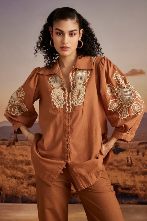 Shop for these amazing collections of Brown Cotton Flex Embroidery Wildflora Collar Shirt For Women by Verb by Pallavi Singhee online at Aza Fashions. Collar Shirt For Women, Emb Designs, Shirt Jacket Men, Puff Sleeve Shirt, Western Dress, Embroidered Sleeves, Pattern Embroidery, Western Dresses, Puffed Sleeves