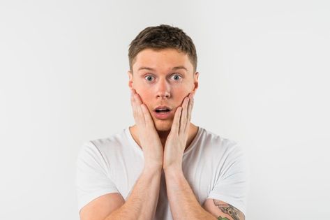 Close-up of shocked young man with his h... | Free Photo #Freepik #freephoto #background #people #hand #man Scared Person, Hands On Face, Surprise Face, White Costumes, Smart Men, Crazy Man, Dwayne Johnson, Young And Beautiful, Blonde Girl