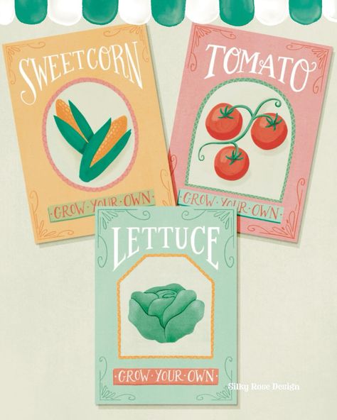 Among the looming deadlines, I’ve created some new portfolio pieces. These are some illustrated seed packets from April’s’ #portfolioprodesignbriefs by @leverageyourart. I’m definitely getting a taste for packaging design recently and am loving any opportunity to bust out some hand lettering! I am really@happy with how these turned out! #illustratedpackaging #seedpackets #londonillustrator #growyourownveggies #portfolio #freelanceillustrator #artlicensing #surgacedesigner #silkyrosedesign Seed Package Design, Seed Packet Design, Seed Packaging Design, Seed Packet Art, Seed Illustration, Portfolio Pieces, Bag Illustration, Seed Packaging, Food Illustration Art