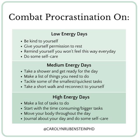 Do you have different ways to combat procrastination depending on your energy?⁣ ⁣ Procrastination can happen any day, so it's important to listen to your body and allow yourself to work with your energy levels (rather than against). ⁣ ⁣ It is super easy on those low-energy days to let procrastination completely take over. And while it's okay that you don't want to tackle those big tasks on your lower energy days, giving yourself some small achievable goals can help to combat procrastination. ... Achievable Goals, Task To Do, Life Help, Health Books, Move Your Body, Lists To Make, Take A Shower, It's Okay, Low Energy