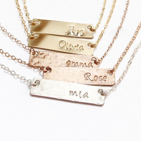 Name Bar Necklace, Personalized Bar Necklace, Bar Necklace, Custom Necklace, Personalized Gift, Mothers Gift, Wife Gift Mothers Gifts, Necklace Bar, Diamond Bar Necklace, Metal Stamped Jewelry, Bar Necklace Personalized, Cursive Font, Tarnished Jewelry, Gold Bar Necklace, Diamond Bar