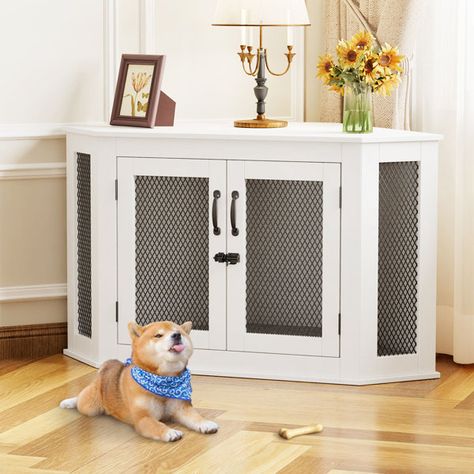 Corner Dog Crate, Dog Kennel End Table, Wood Dog House, Crate End Tables, Wooden Dog Kennels, Wooden Dog Crate, Dog Kennel Furniture, Large Dog Crate, Dog Crate Furniture