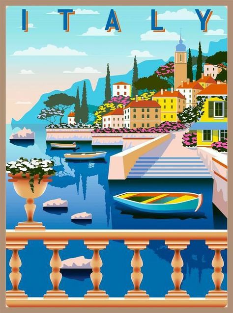 Italy Illustration, Italy Poster, Retro Travel Poster, Art Deco Posters, Images Vintage, Travel Wall, Travel Wall Art, Travel Inspired, Lake Como