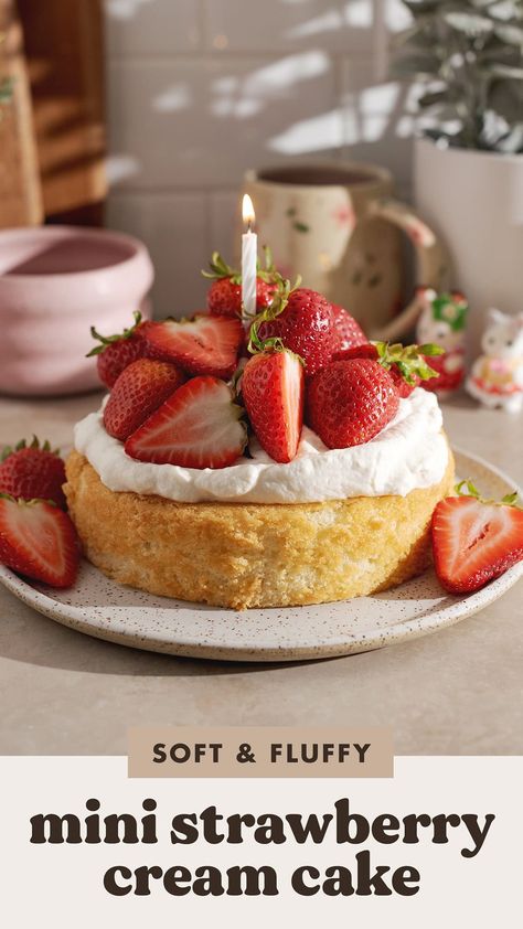 This mini strawberry cream cake is the perfect little 6" cake to celebrate a birthday alone or to share with a couple of people. It's made with a soft vanilla cake base, fresh whipped cream, and fresh strawberries or fruit of your choice! #cake #strawberrycake #baking | teakandthyme.com Mini Strawberry Cake, Soft Vanilla Cake, Birthday Alone, Fluffy Vanilla Cake, Strawberry Cream Cake, Fresh Strawberry Cake, Strawberry Cream Cakes, Thyme Recipes, Cake Storage