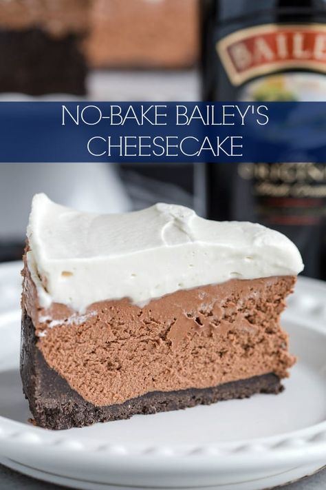 No Bake Bailey's Cheesecake | greens & chocolate Bailey's Cheesecake, Baileys Cheesecake, Baileys Recipes, Triple Chocolate Cookies, Chocolate Cheesecake Recipes, Layered Desserts, Baileys Irish Cream, Creamy Cheesecake, Cake With Cream Cheese