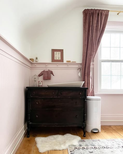 Nursery century home vintage victorian pink baby antique Baby Girl Nursery Dark Furniture, Moody Pink Nursery, Sulking Room Pink Nursery, Dark Pink Nursery, Vintage Pink Nursery, Mauve Baby Nursery, Beadboard Nursery, Berry Nursery, Vintage Baby Rooms