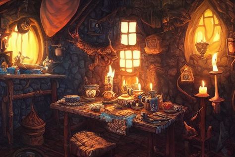 Witch Home Concept Art, Witch House Interior Illustration, Cozy Cabin Illustration, Witch Hut Interior, Witch Room Illustration, Witch Woods, Witch House Interior, Dnd Witch, Witch Cabin