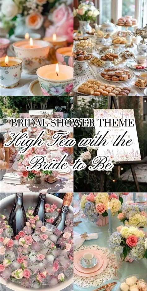 The "High Tea with the Bride-to-Be" theme is perfect for a classy and elegant bridal shower! It’s all about sipping tea, enjoying delicate treats, and celebrating the bride in a refined, timeless setting. This theme offers a charming, relaxed atmosphere that’s perfect for gathering loved ones to toast the bride in style! Tea Bachelorette Party Ideas, Tea Party Bridal Shower Drinks, High Tea Bridal Shower Decor, Bridal Tea Themes, Audrey Hepburn Bridal Shower Ideas, Bridal Shower Elegant Classy, High Tea Hens Party, Bride To Be Tea Party, Tea For The Bride To Be