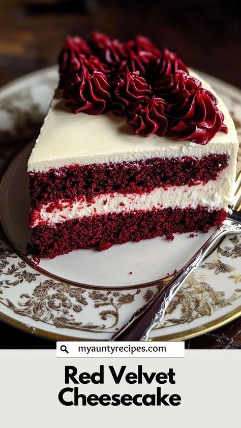 Fall in love with the irresistible combination of red velvet and cheesecake in this decadent dessert! The deep red velvet cake base is topped with a smooth and creamy cheesecake layer, offering the perfect balance of textures and flavors. This show-stopping dessert is perfect for birthdays, holidays, or any time you want to treat yourself to something extraordinary. Red Velvet Cheesecake Cake, Deep Red Velvet, Cheesecake Layer, Velvet Cheesecake, Cake Base, Red Velvet Cheesecake, Vanilla Whipped Cream, Cheesecake Cake, Red Food Coloring