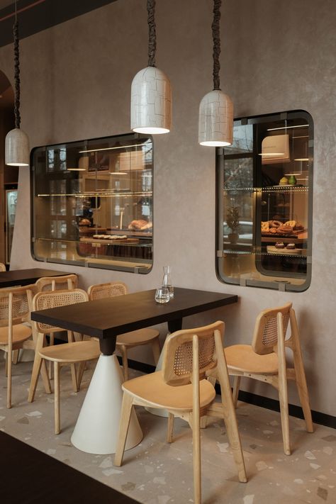 The Allure of Fresh Bread Informs the Design of a Bakery by Studio Shoo - Interior Design Bakery Factory, Coffee Shop Mood Board, Coffee Shop Design Ideas, Tempat Aesthetic, Cozy Cafe Interior, Terrazzo Floor Tiles, Coffee Shop Concept, Built In Sofa, Bakery Interior