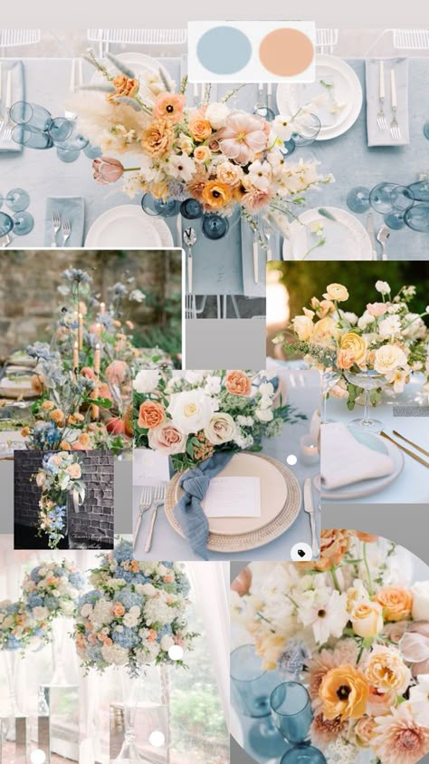 Dusty Blue Orange Wedding Theme, Dusty Blue And Mustard Wedding, Light Blue And Light Orange Wedding, Dusty Blue Coral Wedding, Spring Wedding Color Palette Dusty Blue, Peach Orange And Blue Wedding, Blue Wedding Theme Spring, Summer Wedding Inspo Colors, Powder Blue And Yellow Wedding