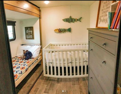 Rv Toddler Bed Ideas, Nursery In Rv, Nursery In Camper, Rv Kids Room Ideas, Rv Baby Nursery, Camper Nursery Ideas, Kids Rv Bunk Room Ideas, Rv Living With Baby, Camper Living With Kids