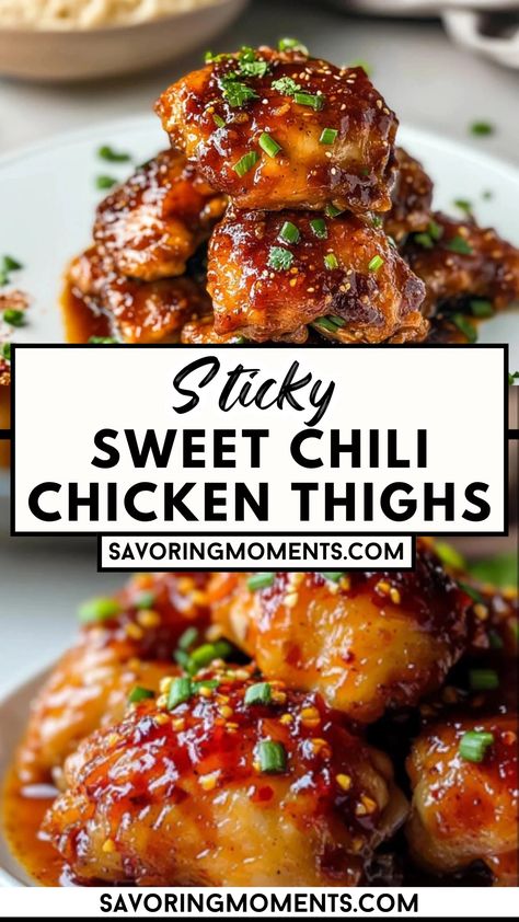 These Sticky Sweet Chili Chicken Thighs are the perfect balance of sweet and spicy, coated in a glossy, flavor-packed sauce that will have everyone asking for seconds. Juicy, tender, and irresistibly delicious! Hungry? Click for the full recipe #chickenrecipe #easychickendinner #sweetchilichicken #dinnerideas #stickychicken #spicyandsweet #weeknightmeals #homemadechicken #quickdinner #comfortfood Healthier Sweet And Spicy Chicken, Spicy Sweet Chili Chicken, Chicken Recipes With Sweet Chili Sauce, Chicken Chunks Recipe Healthy, Sticky Sweet Chili Chicken Thighs, Sweet And Spicy Chicken Sauce, Sweet Thai Chilli Chicken, Sweet Chicken Chili, Thai Chili Chicken Recipes