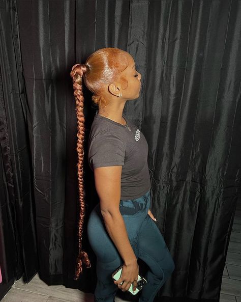 Slick back braid ponytail Two Slicked Back Braided Ponytails, Slick Back Braided Ponytail Weave Color, Honey Blonde Braided Ponytail, Brown Ponytail Black Women, Ginger Sleek Ponytail, Brown Sleek Ponytail Weave, Brown Sleek Ponytail, Weave Hair Color, Ponytail Braid