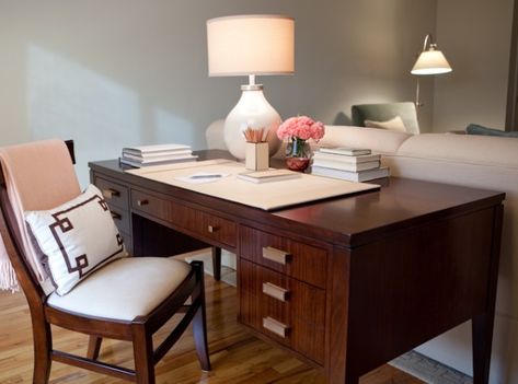 Gorgeous work space with Lexington Zacara Collection Desk placed behind sofa, white lamp and white & brown Greek key pattern pillow. Desk Behind Sofa, Desk Behind Couch, Behind Sofa, Pretty Desks, Behind Couch, Desk In Living Room, Transitional Living, Office Sofa, Home Office Lighting