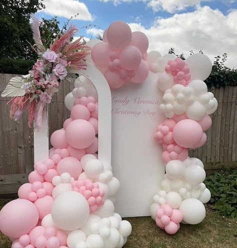 Pastel Pink Birthday Decorations, Balloon Backdrop With Flowers, Pink And White Balloon Decorations, Pink White Birthday Decor, Pink And White Decorations Party, Christening Balloon Decorations, Pink And White Balloon Garland, Pink And White Birthday Decor, Pink And White Balloon Arch