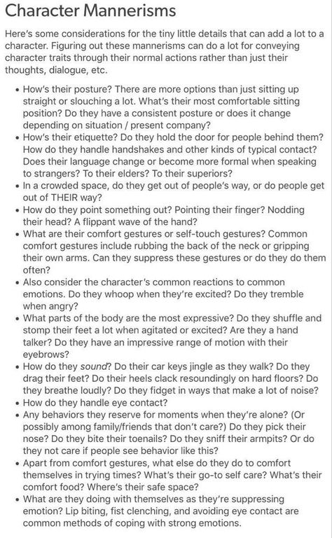 Mannerisms List, Character Mannerisms Writing, Character Development Tips, Character Development Questions Writing Characters, Oc Questions Writing Prompts, Dnd Character Building Questions, Character Purpose Ideas, Character Habits And Mannerisms, Types Of Walking Writing